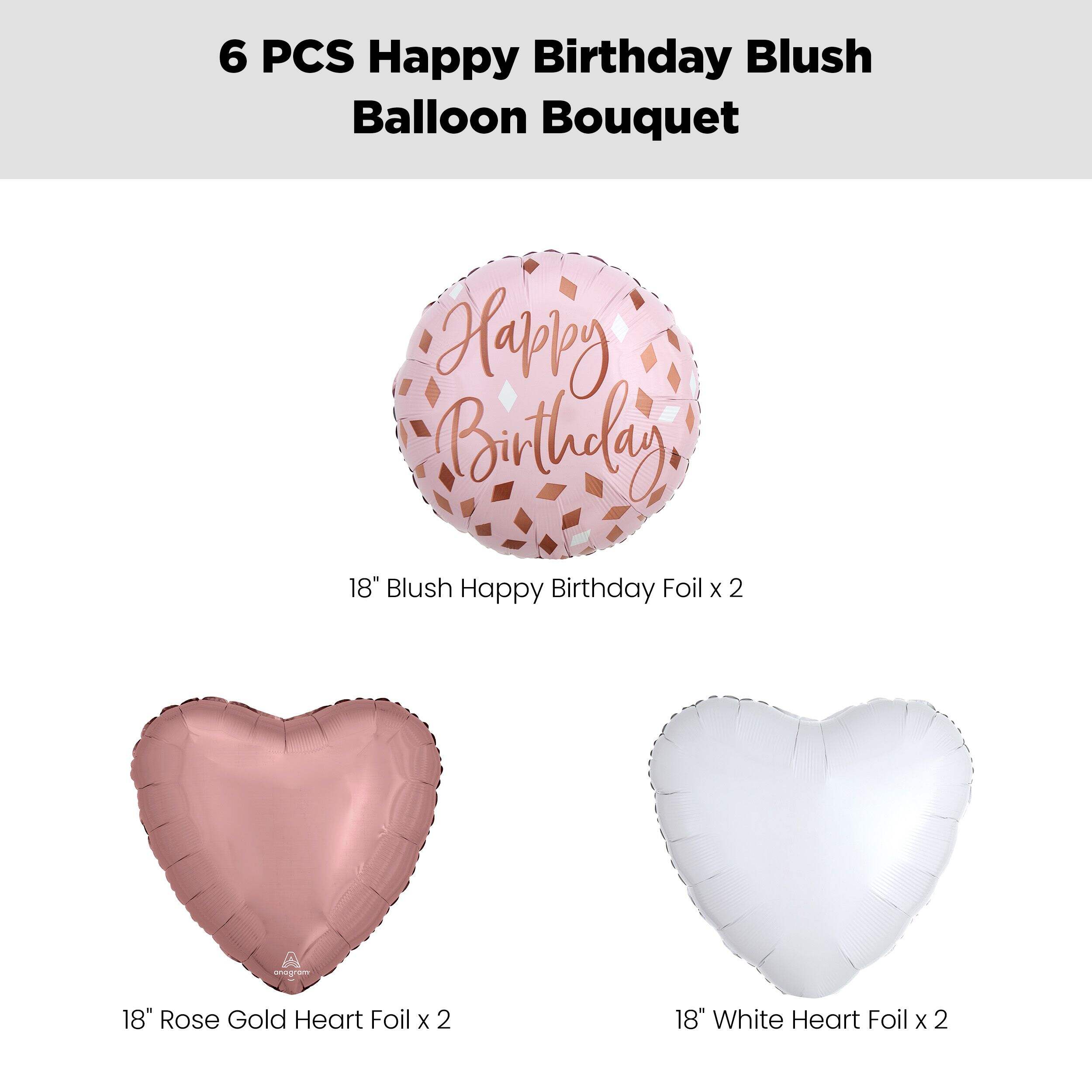 “Happy Birthday” Blush Balloon Bouquet with Heart Foil Balloons, Rose Gold/White, 6-pk - Image 2
