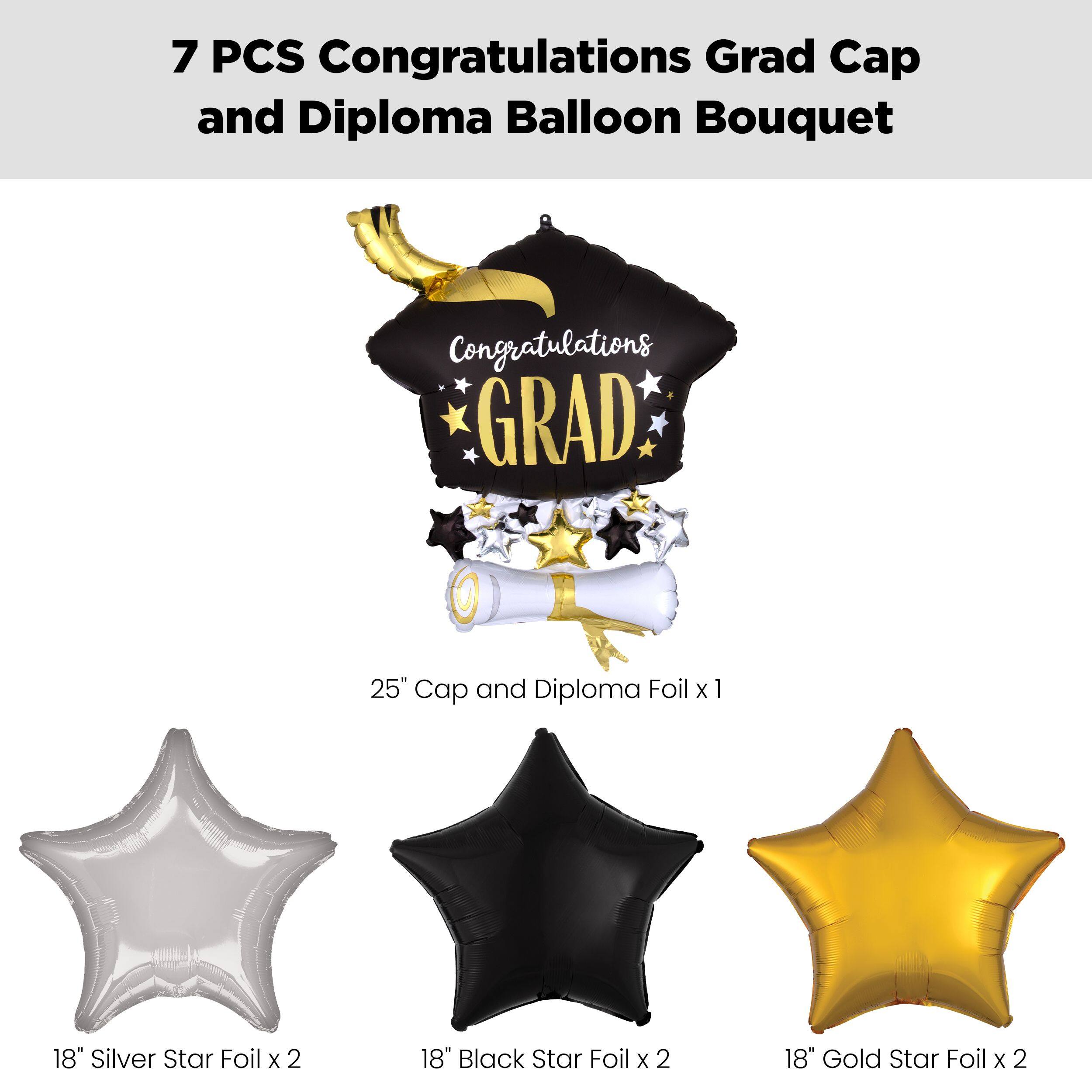 “Congratulations Grad” Cap and Diploma Supershape Balloon Bouquet with Star Foil Balloons, Black/Gold/Silver, 7-pk - Image 2