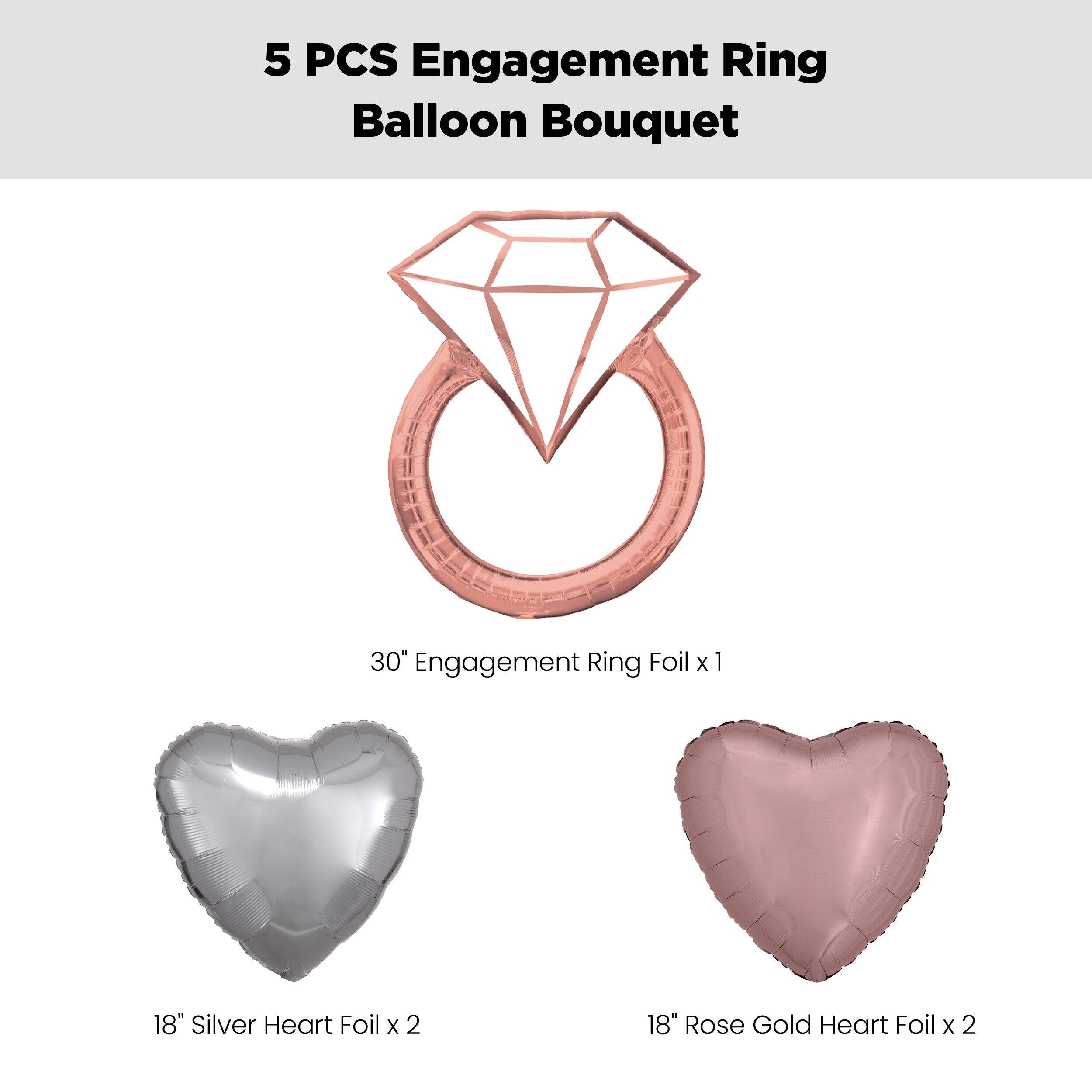 Engagement Ring Supershape Balloon Bouquet with Heart Foil Balloons, Rose Gold/Silver, 5-pk - Image 2